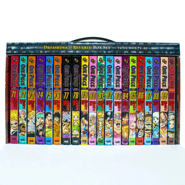 One Piece Manga Box Set 4 (Volumes 71–90) by Eiichiro Oda, featuring the Dressrosa, Zou, and Whole Cake Island arcs in a collectible display box.