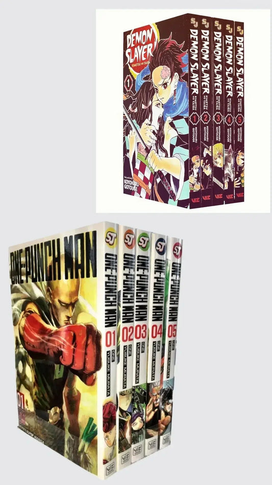 Action Hit Manga Bundle: Demon Slayer & One-Punch Man (Vol. 1-5 Each) 💥 With Bonus Manga Wall Framed Poster! - bestbooksdeals